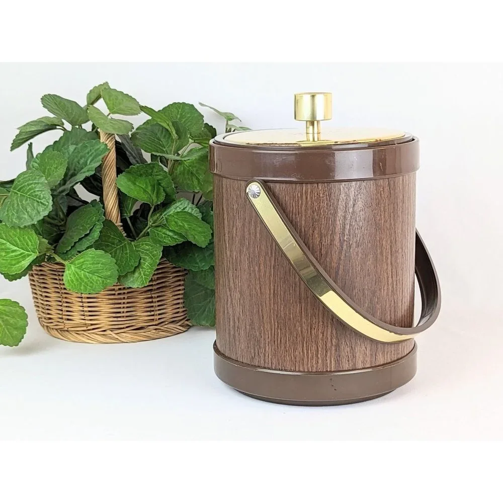 Vintage MCM Vinyl Faux Wood Ice Bucket with Lid Mid Century Barware Wine Chiller